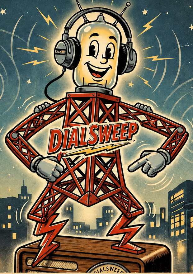 The DialSweep mascot: a tube-headed broadcast tower in headphones, standing on a radio