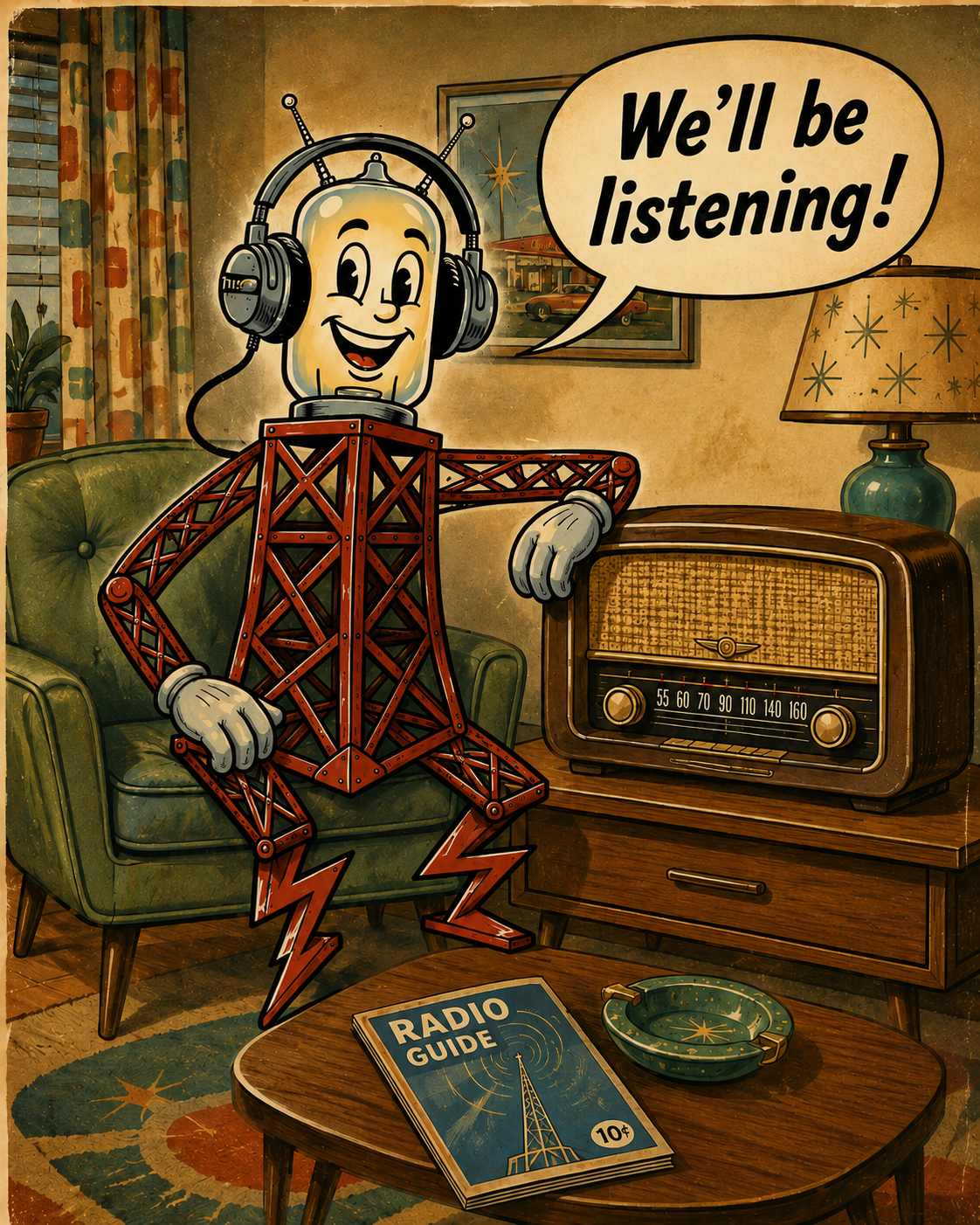 The DialSweep mascot relaxing by a vintage radio, saying: We'll be listening!
